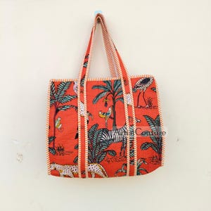 Jungle block Orange Print Tote Bag Indian Handmade Cotton Shopping Tote bag Unisex Tote Bag Handmade Block Printed Quilted Shoulder Tote Bag