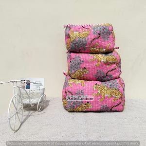 トイレタリーバッグ3個セット、レディースウォッシュバッグ、キルティングメイクアップバッグ、旅行用コスメバッグ、インドブロックプリントの小さなバッグ、レディースポーチバッグ、ママへのギフト
