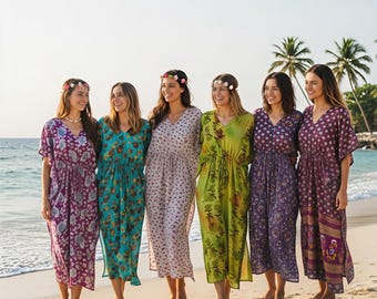 Handmade Silk Sari Kaftan, Lightweight Beach Cover Up, Maternity Gown