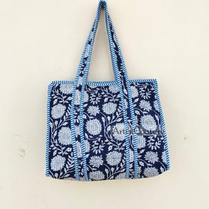Handgemachte Baumwoll blau Block Print reversibel Einkaufstasche, Einkaufstasche, große Einkaufstasche, gesteppte Einkaufstasche, große Blumentasche, Kantha Tasche