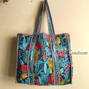 Handmade Quilted Cotton Tote Bag: Ethnic Floral Print Market Bag