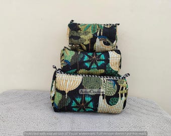 Floral Quilted Makeup Bag Set: Hand Block Print Toiletry Travel Pouches