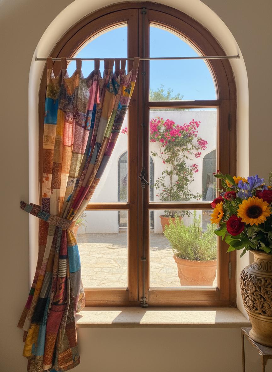 2 Pcs of Handmade Silk Sari Curtain, Boho Patchwork Window Decor