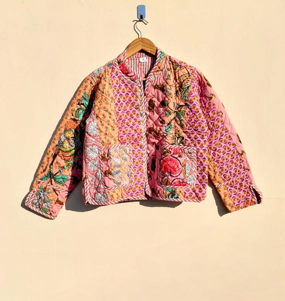 Nouvelle veste patchwork à col pêche, veste matelassée réversible d&#39;hiver bohème, vêtements pour femmes, manteau, veste indienne faite main