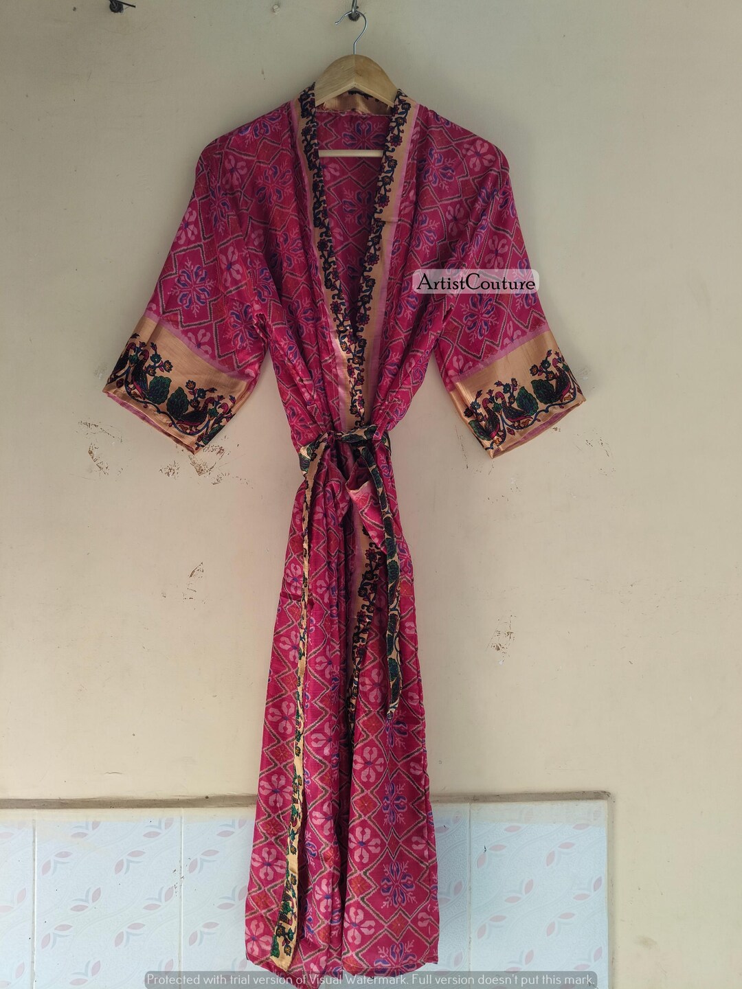 Sari Robe Ikat Printed Silk Kimono: Vintage Indian Sari Robe - Etsy UK