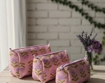 Floral Quilted Makeup Bag Set: Hand Block Print Toiletry Travel Pouches