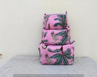 Hand Block Printed Floral Cotton Cosmetic Bag Set, Quilted Toiletry Travel Pouch