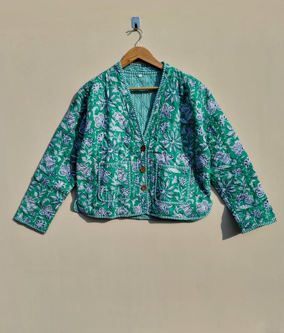 Reversible Block Print Cotton Quilted Jacket: Handmade Indian Coat