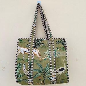 Hand-Printed Quilted Cotton Tote Bag: Reversible Ethnic Beach Bag