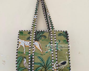 Hand-Printed Quilted Cotton Tote Bag: Reversible Ethnic Beach Bag