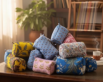 Lot of 3Pcs Set Cotton Floral Printed Quilted Makeup Bag Set Toiletry Travel Pouches