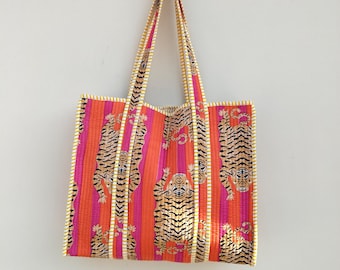 Handmade Tiger Print Quilted Cotton Tote Bag: Ethnic Travel Shoulder Bag