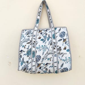 Handgemachte Baumwolle Weiß - Blau Block Print reversibel Einkaufstasche, Einkaufstasche, Einkaufstasche, große Einkaufstasche, gesteppte Einkaufstasche, große Blumentasche, Kantha Tasche