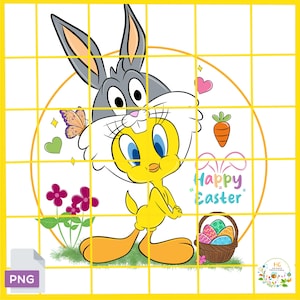Puede incluir: Un Tweety Bird amarillo con un disfraz de conejo gris con flores rosas y verdes y una cesta de huevos de Pascua coloridos. El texto "Happy Easter" está escrito en un círculo alrededor de los personajes.