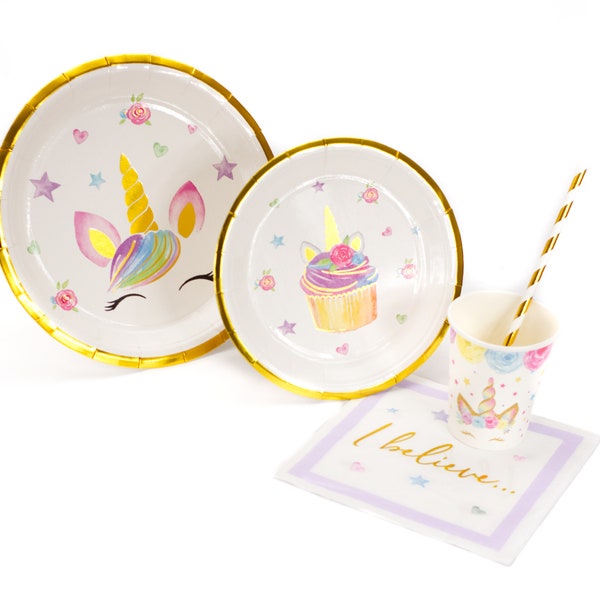 Unicorn Cupcake Party Tableware Set - Plates, Cups - Disposable - Birthday Party - Baby Shower - Unicorn Party - Floral Unicorn - Serves 10