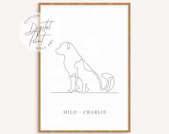 Dog and Cat Personalised Line Art Wall Decor , Cat and Dog Owner Gift, Pets Line Art, Dog and Cat Lover Gift, Custom Cat and Dog Poster