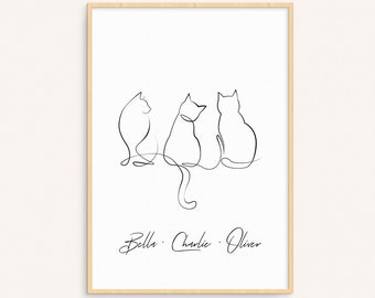 Cats Personalised Line Art Wall Decor , Cats Owner Gift, Cats Line Art, Pets Print, Cats Lover Gift, Pets Lover Present, Custom Cats Poster
