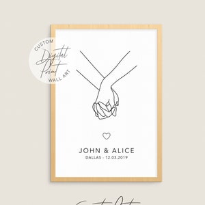 Arte de una línea personalizado para pareja con nombres y fecha, regalo imprimible para pareja dulce, boceto de manos, líneas continuas mínimas, regalo de aniversario