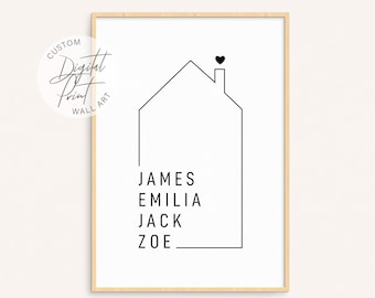 Hausförmige Familie maßgeschneidertes Druckdesign, niedliche minimalistische digital druckbare Wandkunst, sinnvolle Wohnkultur Geschenk für die Lieben