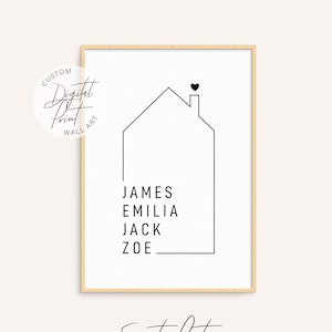 Diseño de impresión personalizado con forma de casa familiar, arte de pared imprimible digital minimalista, un regalo de decoración del hogar significativo para tus seres queridos.