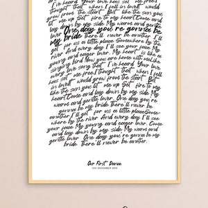 Letras de canciones escritas a mano, póster personalizado, arte de pared, texto de canción de boda, regalo para parejas, primer baile personalizado para regalo de aniversario, regalo de boda
