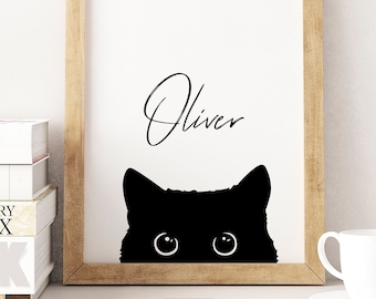 Black Cat Personalized Wall Art Printable Cat Owner Gift for Black Pet Funny Gift Black Cat Siluete Poster With Custom Name Cat Present