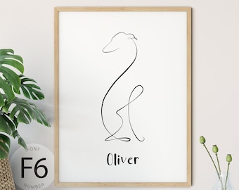 Regalo imprimible personalizable de galgo para amantes de los perros. Elegante póster con silueta de galgo con dibujo de arte lineal. Idea de regalo para dueños de galgos.