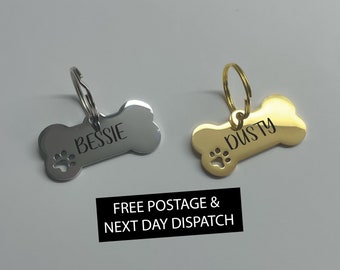 Stainless Steel Premium Dog Paw Bone Dog Tag ID - Laser Engraved - Customised - Fast FREE Delivery