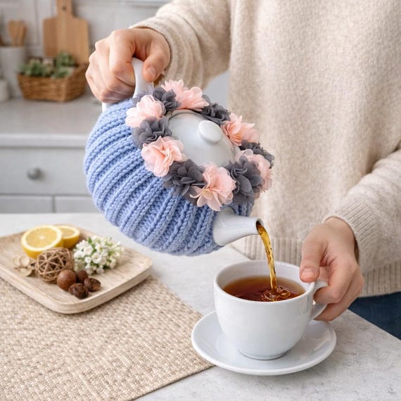 かぎ針編みのティーコージー、ピンクとグレーの花が描かれた青い