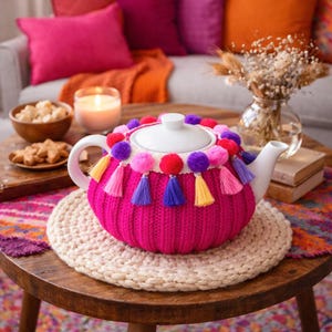 Gehäkelter Teewärmer, Rosa Teekanne Bezug mit Bunten Pompoms