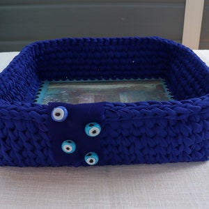 Marynarka, Oparte na decoupage, Kosz szydełkowy Evil Eye, Kwadratowa taca szydełkowa, Dekoracje domu, Organizer, Ręcznie robione na drutach, Przechowywanie, Prezent