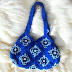 Granny Square Crochet Bag, Blue White Navy Evil Eye Retro Bag, Hippie, Boho, Vintage Bag, Handmade, Knitted Women Accessory, Knitted Bag
