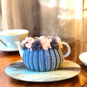 Crochet Tea Cozy, Blue Teapot Cover, Teapot Cozy, Pink and Grey Flowers, Tea Time, Table Decor, Crochet Decor, Unique Gift, Knitted Cozy