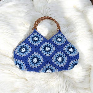 Granny Square Crochet Bag, Blue White Navy Evil Eye Retro Bag, Hippie, Boho, Vintage Bag, Handmade, Knitted Women Accessory, Knitted Bag