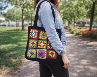 Bolso de ganchillo cuadrado de abuela hecho a mano, bolso estilo bohemio retro
