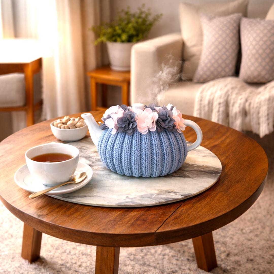 かぎ針編みのティーコージー、ピンクとグレーの花が描かれた青い