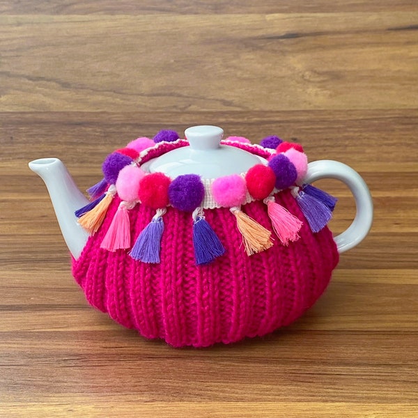 Crochet Tea Cozy, Pink Teapot Cover, Colorful Pompoms Detailed Tea Cozy, Teapot Cozy, Tea Time, Table Decor, Crochet Decor, Unique Gift