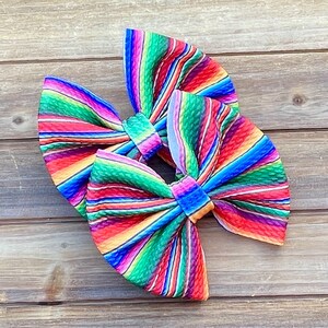 May include: Two colorful hair bows with a striped pattern reminiscent of a Mexican serape. The bows are made of a textured fabric and are tied in a classic bow shape.