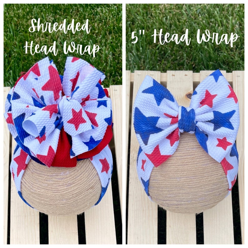 4th of July Stars Shredded Head Wrap, Blue Stars Bow, Red Stars Bow, Patriotic Head Wrap, Stars Bow, Red White Blue Bow, Shredded Head Wrap image 1