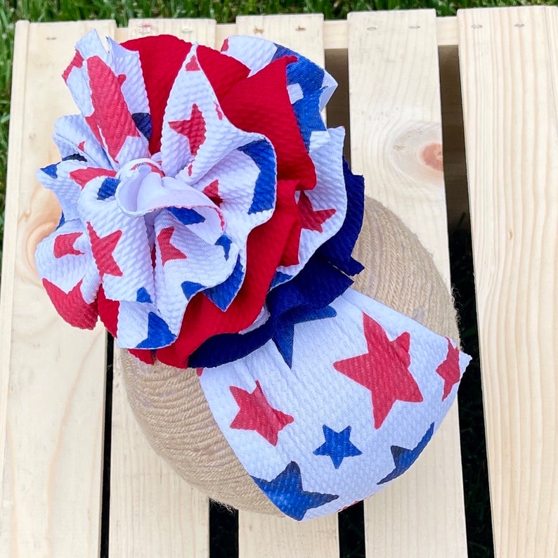 4th of July Stars Shredded Head Wrap, Blue Stars Bow, Red Stars Bow, Patriotic Head Wrap, Stars Bow, Red White Blue Bow, Shredded Head Wrap image 5