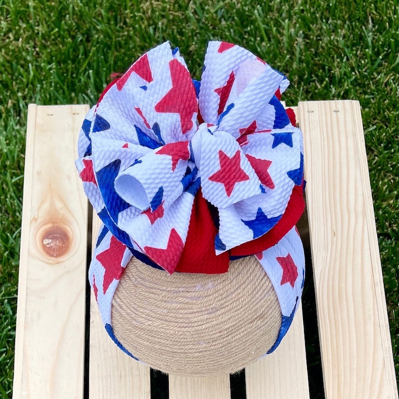 4th of July Stars Shredded Head Wrap, Blue Stars Bow, Red Stars Bow, Patriotic Head Wrap, Stars Bow, Red White Blue Bow, Shredded Head Wrap image 3