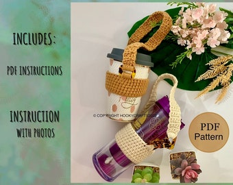 Crochet Coffee holder, Tumbler Water bottle Cup holder tutorial pattern aesthetics easy simple. DIGITAL DOWNLOAD  | PDF instructions