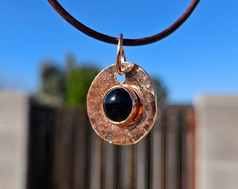 Copper and Black Agate Necklace/ Leather Cord/ Hammered Copper Pendant/ Copper Disc/  Handmade Jewelry/ by Elven Soul