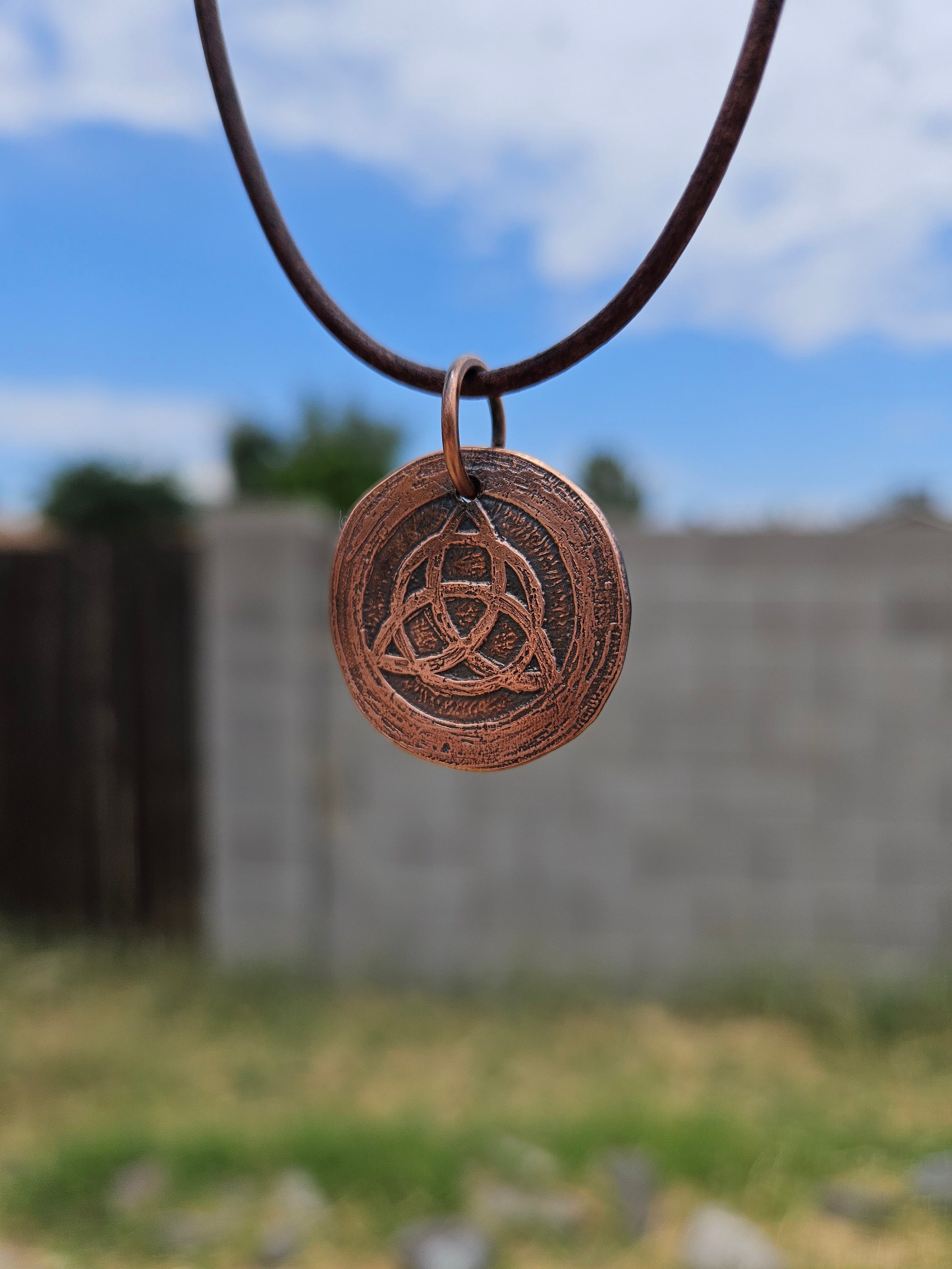 Triquetra Copper Etched Pendant/ Trinity Knot Necklace/ Leather Cord