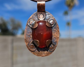 Copper and Carnelian Amulet/ Leather Cord/ Hammered Copper Necklace/ Carnelian Crystal Pendant/ Copper Rivets/ Elven Soul Jewelry