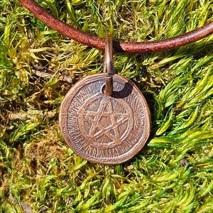 Pentacle Copper Etched Pendant Necklace/ Leather Cord/ Pagan Jewelry/ Rustic Copper Jewelry/ Elven Soul