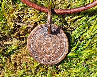 Pentacle Copper Etched Pendant Necklace/ Leather Cord/ Pagan Jewelry/ Rustic Copper Jewelry/ Elven Soul