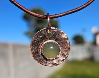Copper and Green Aventurine Necklace/ Leather Cord/ Hammered Copper Pendant/ Copper Disc/  Handmade Jewelry/ by Elven Soul