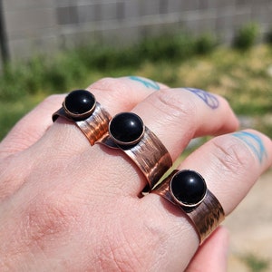 Black Agate Copper Tree Bark Ring/ Adjustable Copper Ring/ Wide Ring Band/ Rustic Copper Jewelry / Elven Soul