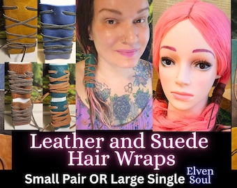Leather Hair Wraps/ Leather and Suede Ponytail Holders/ Small Pair or Single Large/ Hair Cuffs/ Biker/ Renaissance/ Choose Color/ Elven Soul